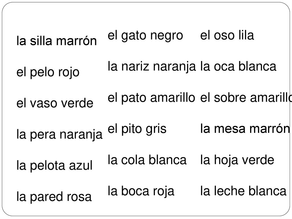 el gato negro la nariz naranja. el pato amarillo. el pito gris. la cola blanca. la boca roja. el oso lila.