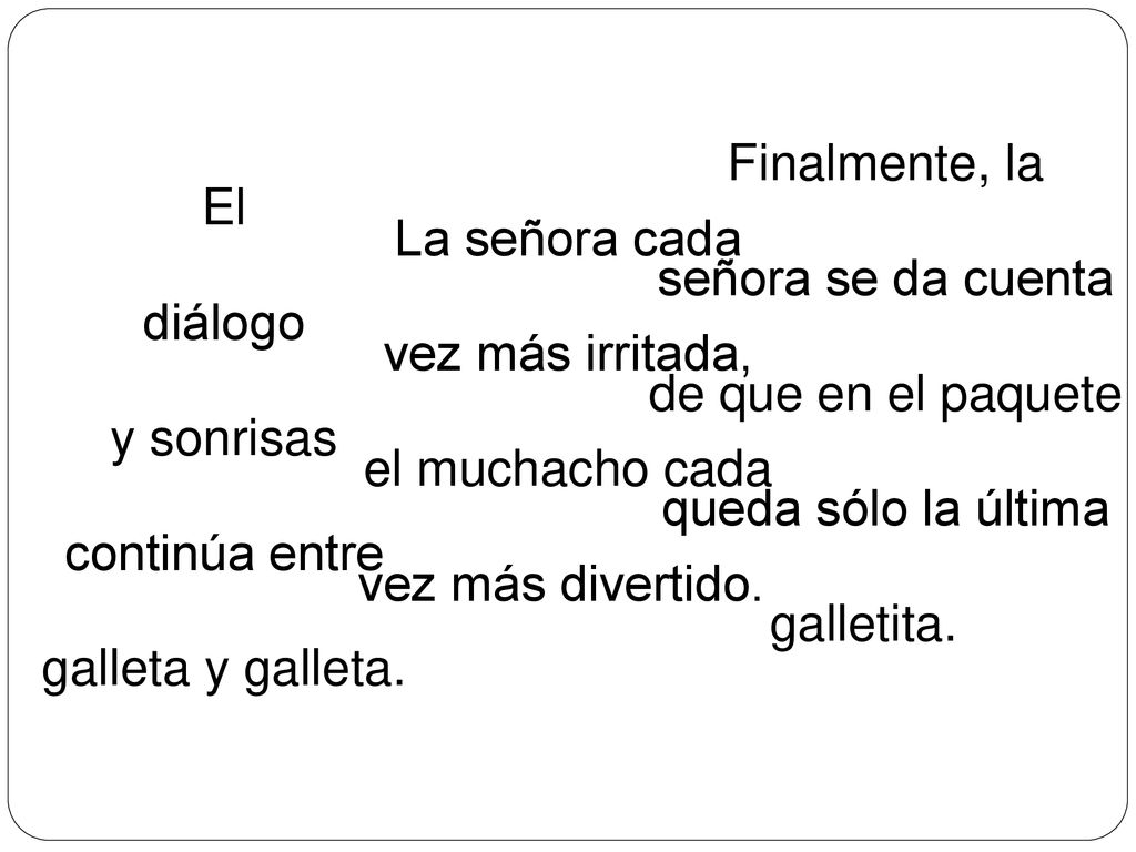 Finalmente, la señora se da cuenta. de que en el paquete. queda sólo la última. galletita. El. diálogo.