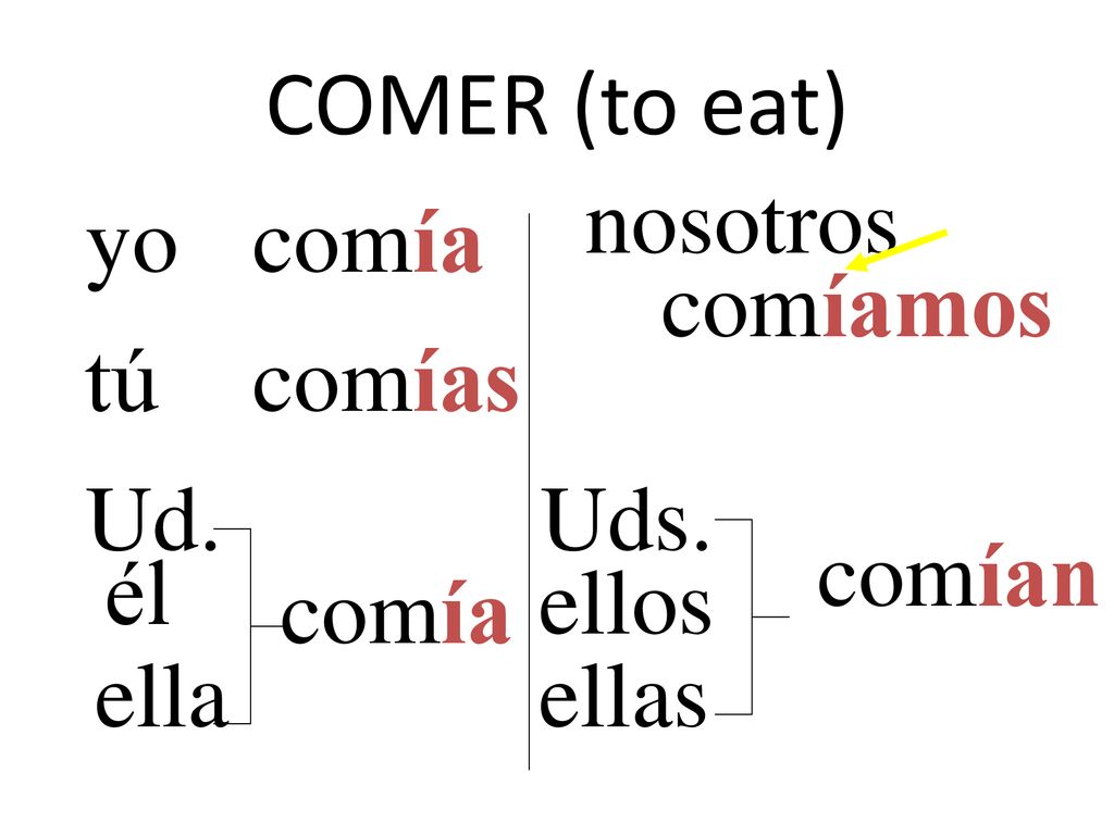 COMER (to eat) nosotros yo comía comíamos tú comías Ud. Uds. comían él ellos comía ella ellas