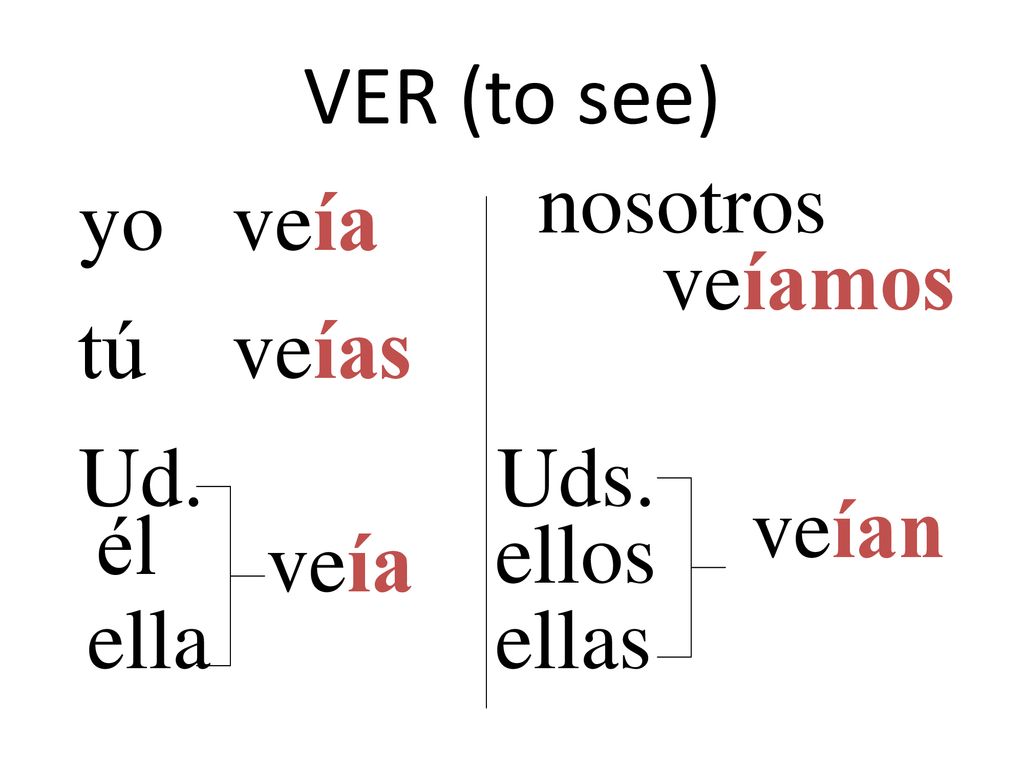 VER (to see) nosotros yo veía veíamos tú veías Ud. Uds. veían él ellos veía ella ellas