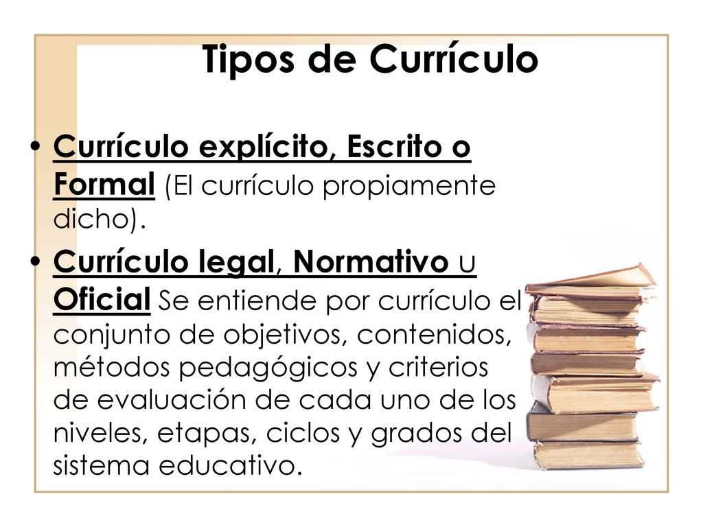 Tipos de Currículo Currículo explícito, Escrito o Formal (El currículo propiamente dicho).
