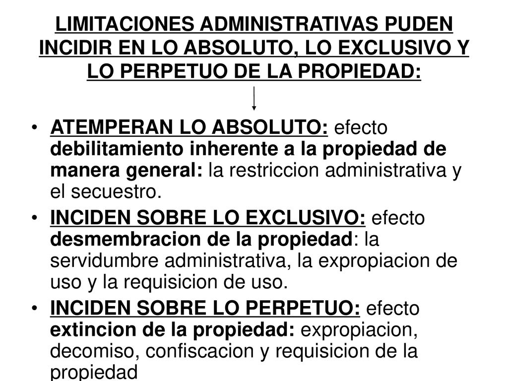 LIMITACIONES ADMINISTRATIVAS PUDEN INCIDIR EN LO ABSOLUTO, LO EXCLUSIVO Y LO PERPETUO DE LA PROPIEDAD: