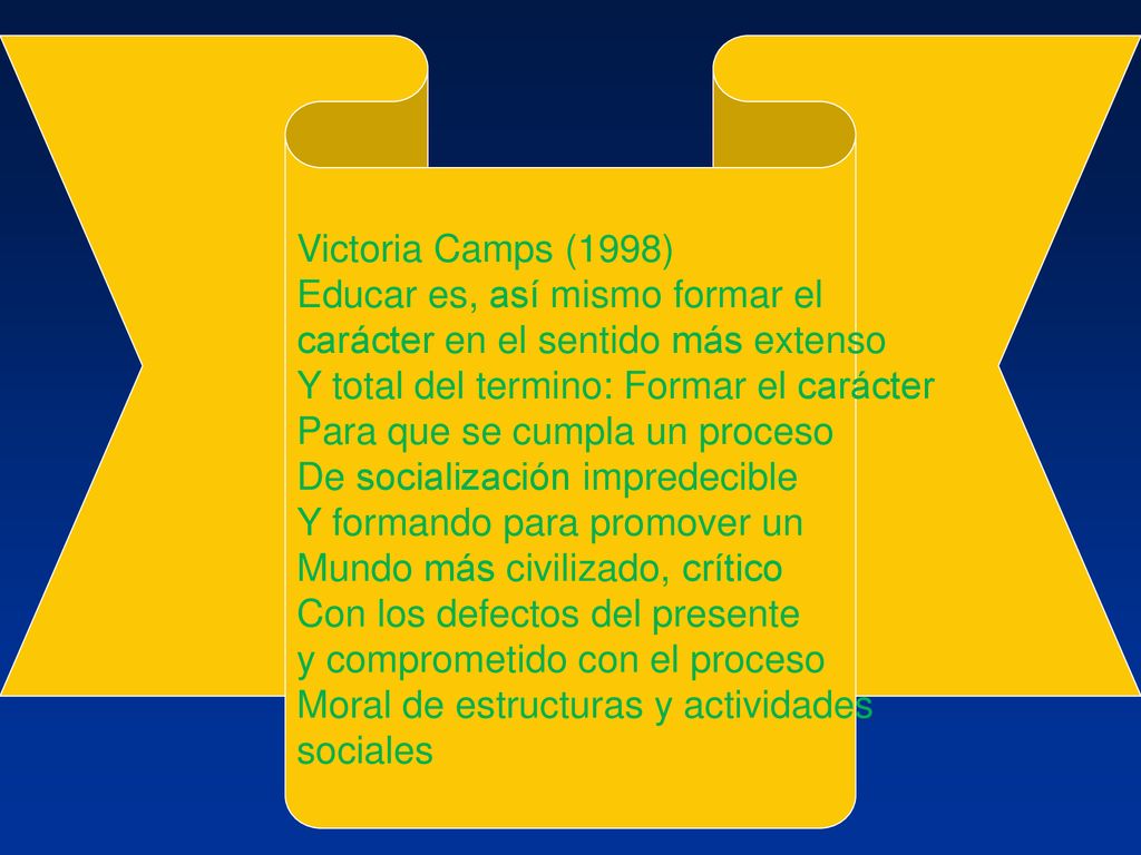 Victoria Camps (1998) Educar es, así mismo formar el. carácter en el sentido más extenso. Y total del termino: Formar el carácter.