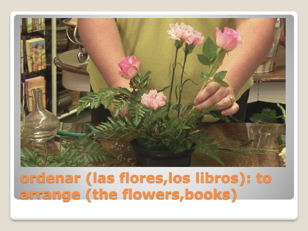 ordenar (las flores,los libros): to arrange (the flowers,books)