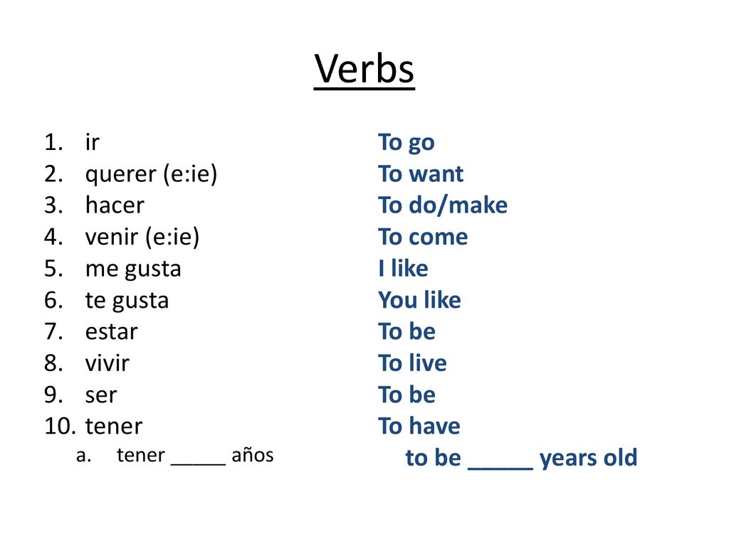 Verbs ir querer (e:ie) hacer venir (e:ie) me gusta te gusta estar