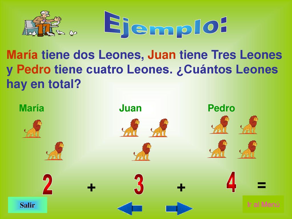 Ejemplo: María tiene dos Leones, Juan tiene Tres Leones y Pedro tiene cuatro Leones. ¿Cuántos Leones hay en total