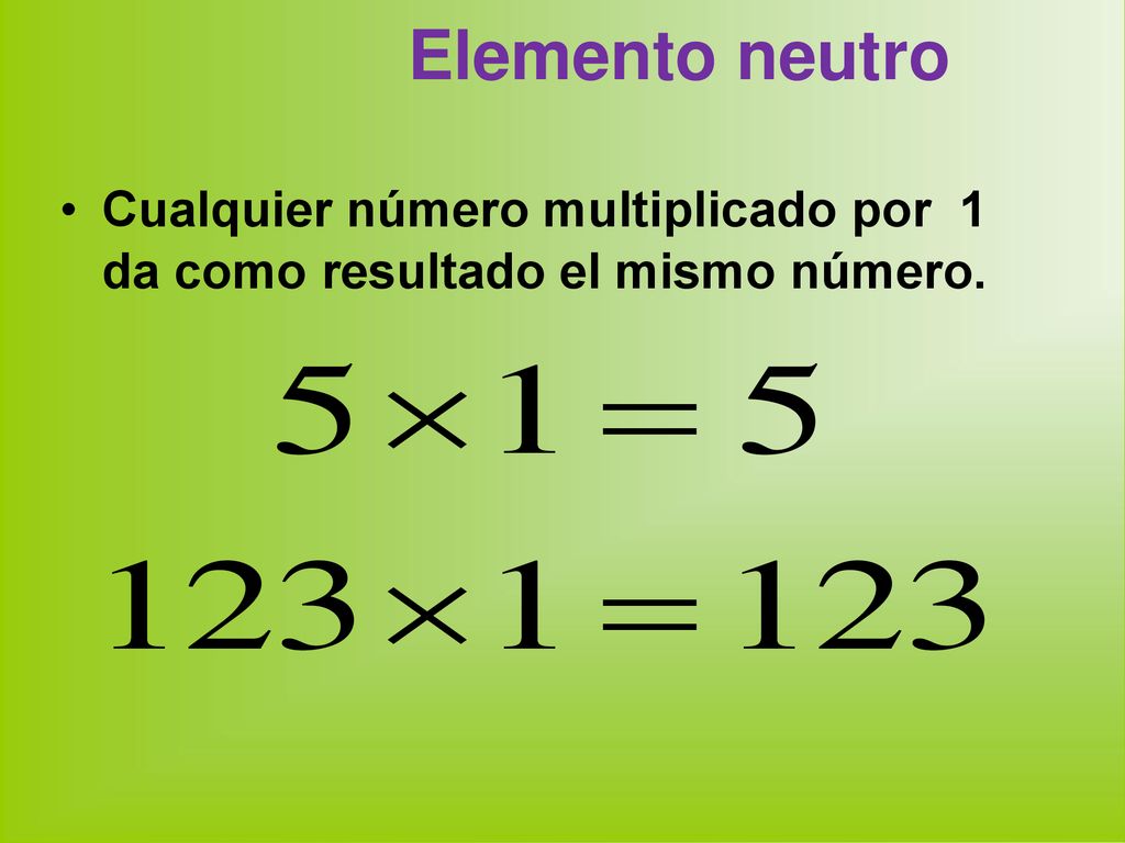 Elemento neutro Cualquier número multiplicado por 1 da como resultado el mismo número.