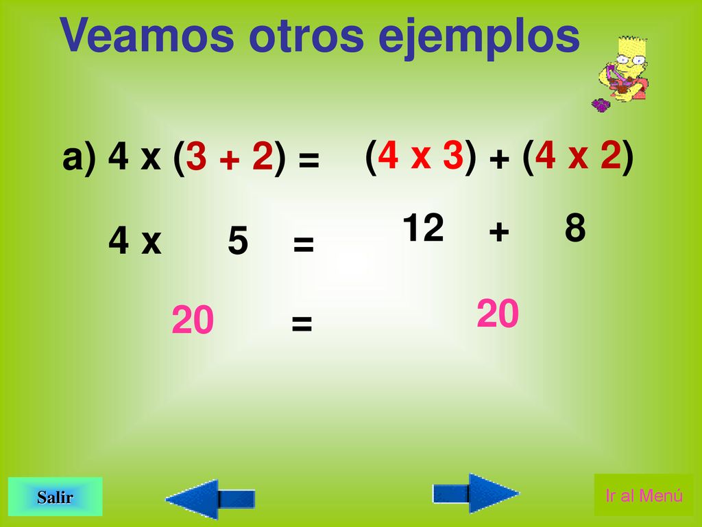 Veamos otros ejemplos a) 4 x (3 + 2) = (4 x 3) + (4 x 2)