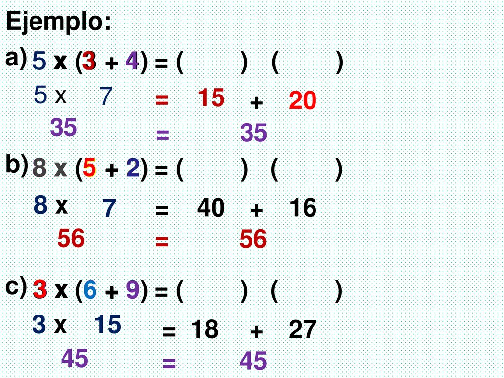 Ejemplo: a) 5 x. 5 x. 5 x (3 + 4) = ( ) ( ) 7. =
