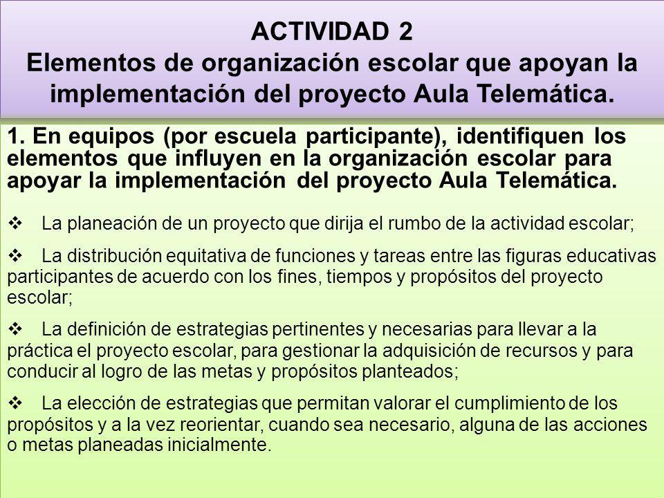 ACTIVIDAD 2 Elementos de organización escolar que apoyan la implementación del proyecto Aula Telemática.