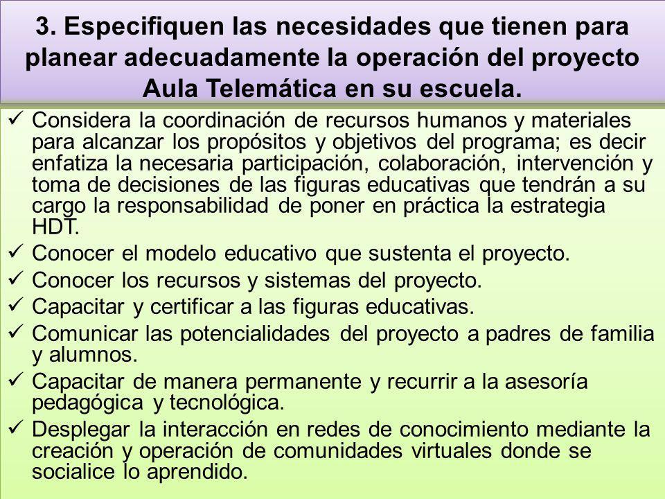 3. Especifiquen las necesidades que tienen para planear adecuadamente la operación del proyecto Aula Telemática en su escuela.