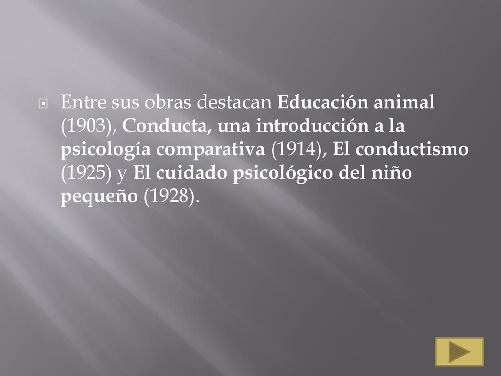 Entre sus obras destacan Educación animal (1903), Conducta, una introducción a la psicología comparativa (1914), El conductismo (1925) y El cuidado psicológico del niño pequeño (1928).