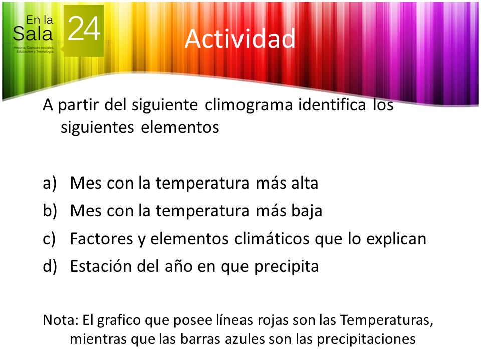 Actividad A partir del siguiente climograma identifica los siguientes elementos. Mes con la temperatura más alta.