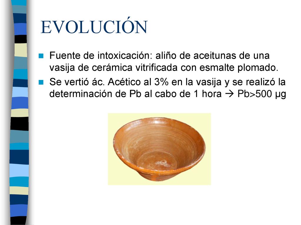 EVOLUCIÓN Fuente de intoxicación: aliño de aceitunas de una vasija de cerámica vitrificada con esmalte plomado.