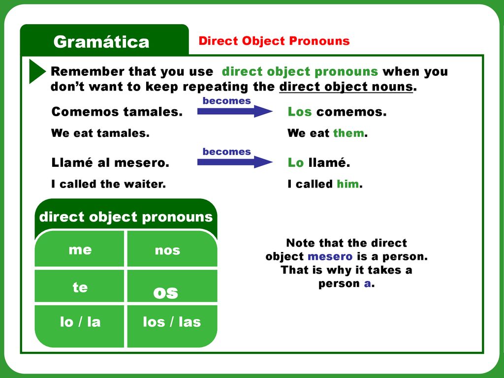 os direct object pronouns me te lo / la los / las nos