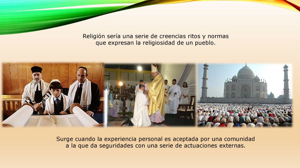 Religión sería una serie de creencias ritos y normas que expresan la religiosidad de un pueblo.