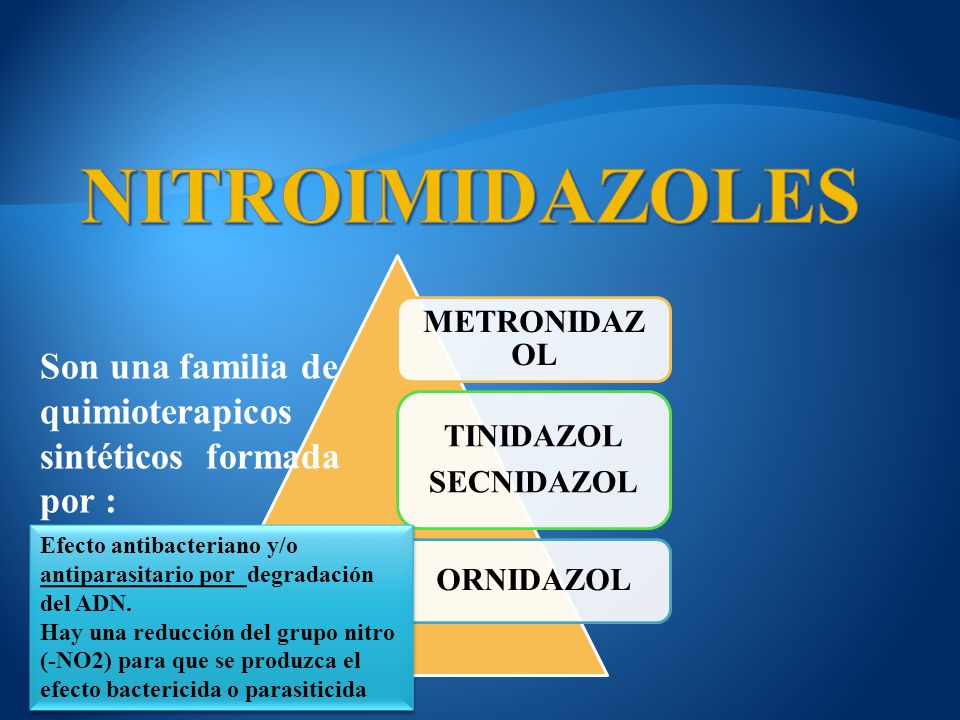 NITROIMIDAZOLES METRONIDAZOL. TINIDAZOL. SECNIDAZOL. ORNIDAZOL. Son una familia de quimioterapicos sintéticos formada por :