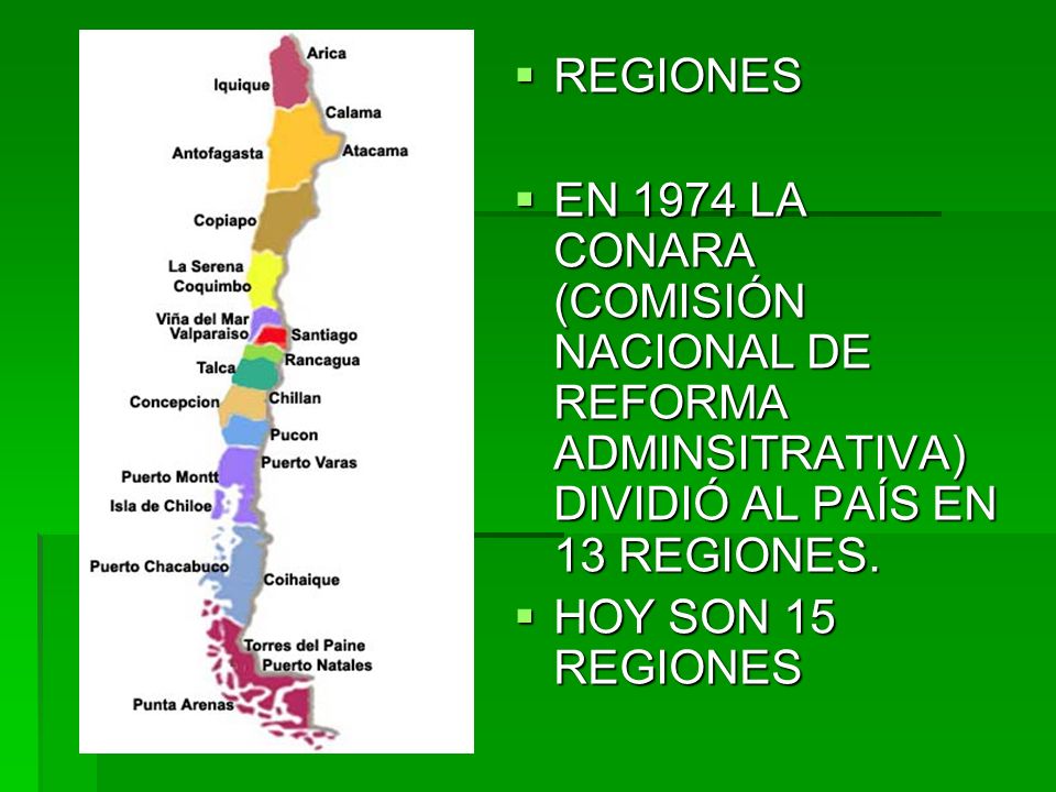 REGIONES EN 1974 LA CONARA (COMISIÓN NACIONAL DE REFORMA ADMINSITRATIVA) DIVIDIÓ AL PAÍS EN 13 REGIONES.