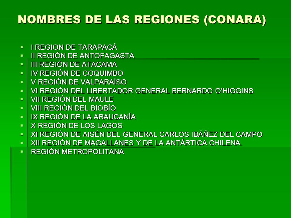 NOMBRES DE LAS REGIONES (CONARA)