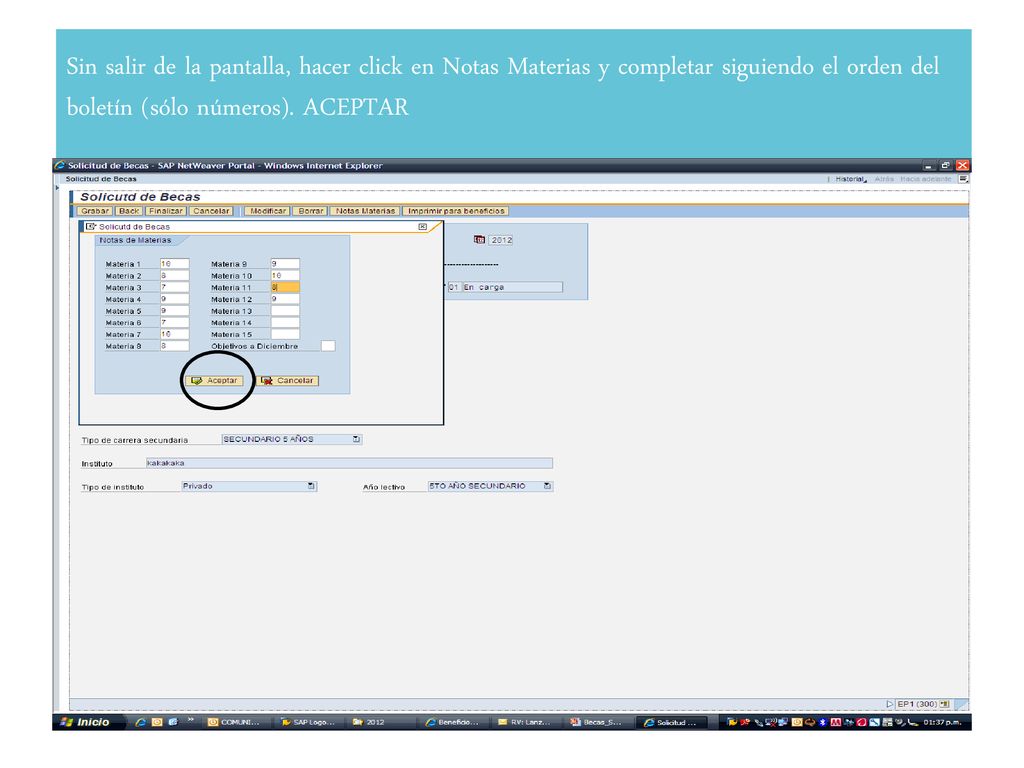 Sin salir de la pantalla, hacer click en Notas Materias y completar siguiendo el orden del boletín (sólo números).