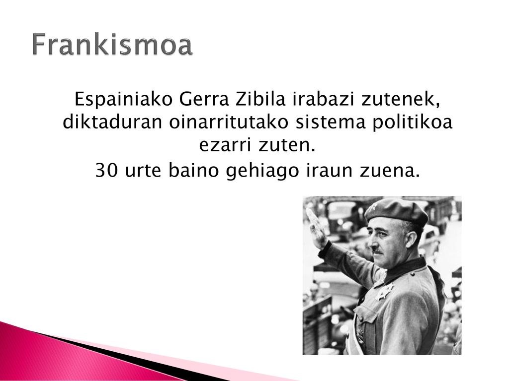Frankismoa Espainiako Gerra Zibila irabazi zutenek, diktaduran oinarritutako sistema politikoa ezarri zuten.