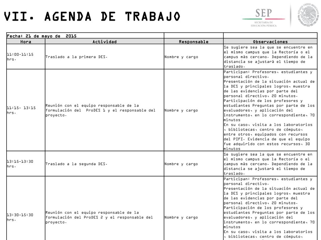 VII. AGENDA DE TRABAJO Fecha: 21 de mayo de 2015 Hora Actividad