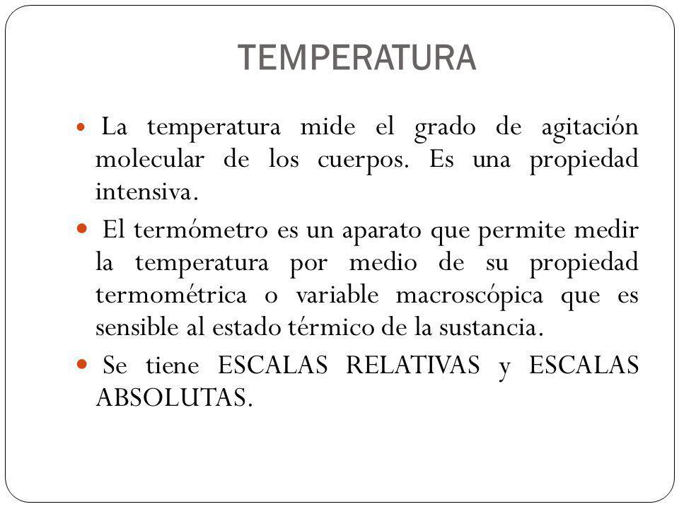 TEMPERATURA La temperatura mide el grado de agitación molecular de los cuerpos. Es una propiedad intensiva.