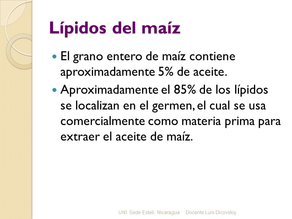 Lípidos del maíz El grano entero de maíz contiene aproximadamente 5% de aceite.