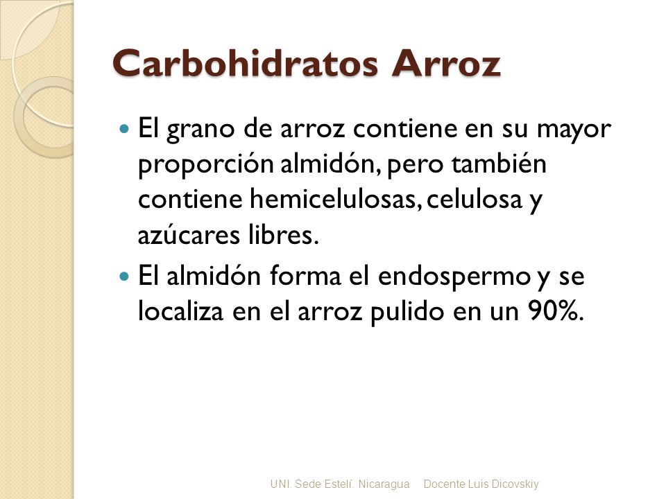 Carbohidratos Arroz El grano de arroz contiene en su mayor proporción almidón, pero también contiene hemicelulosas, celulosa y azúcares libres.