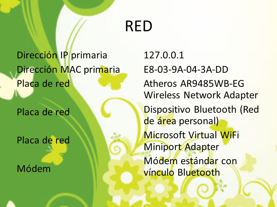 RED Dirección IP primaria Dirección MAC primaria Placa de red Módem