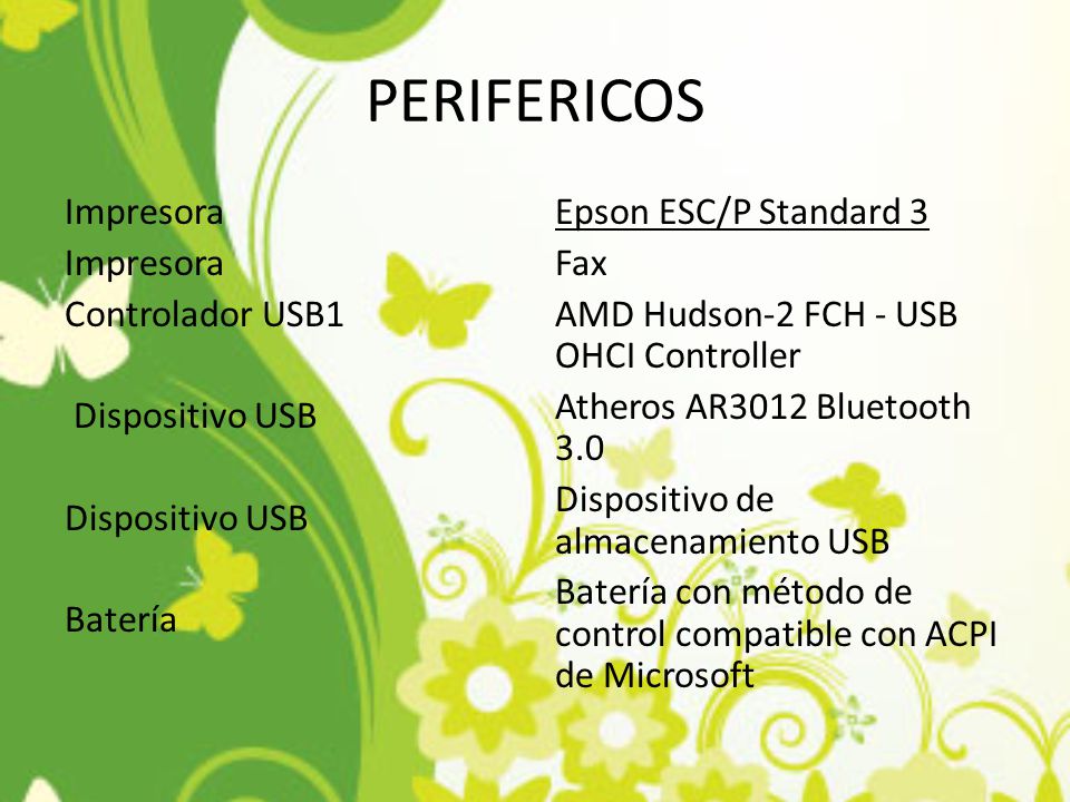 PERIFERICOS Impresora Controlador USB1 Dispositivo USB Dispositivo USB Batería