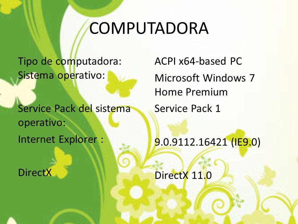 COMPUTADORA Tipo de computadora: Sistema operativo: Service Pack del sistema operativo: Internet Explorer : DirectX