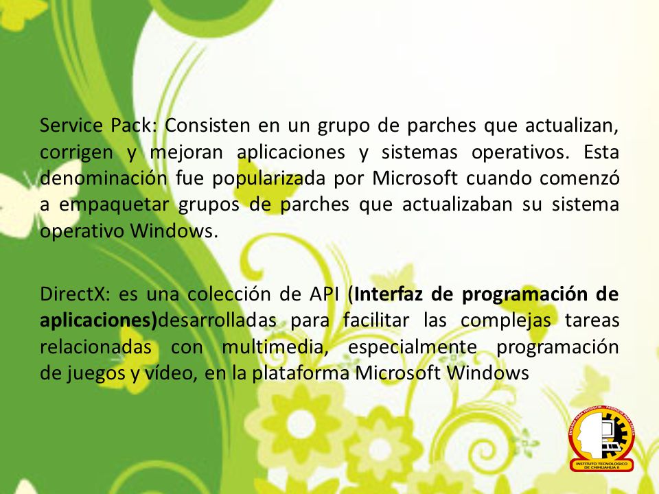 Service Pack: Consisten en un grupo de parches que actualizan, corrigen y mejoran aplicaciones y sistemas operativos.