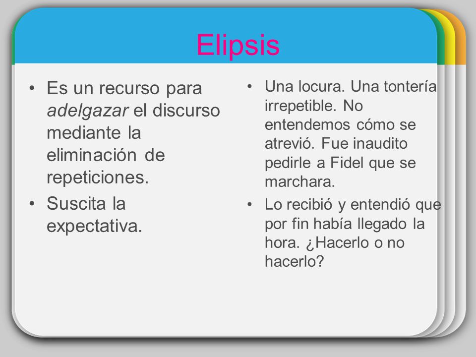 Elipsis Es un recurso para adelgazar el discurso mediante la eliminación de repeticiones. Suscita la expectativa.