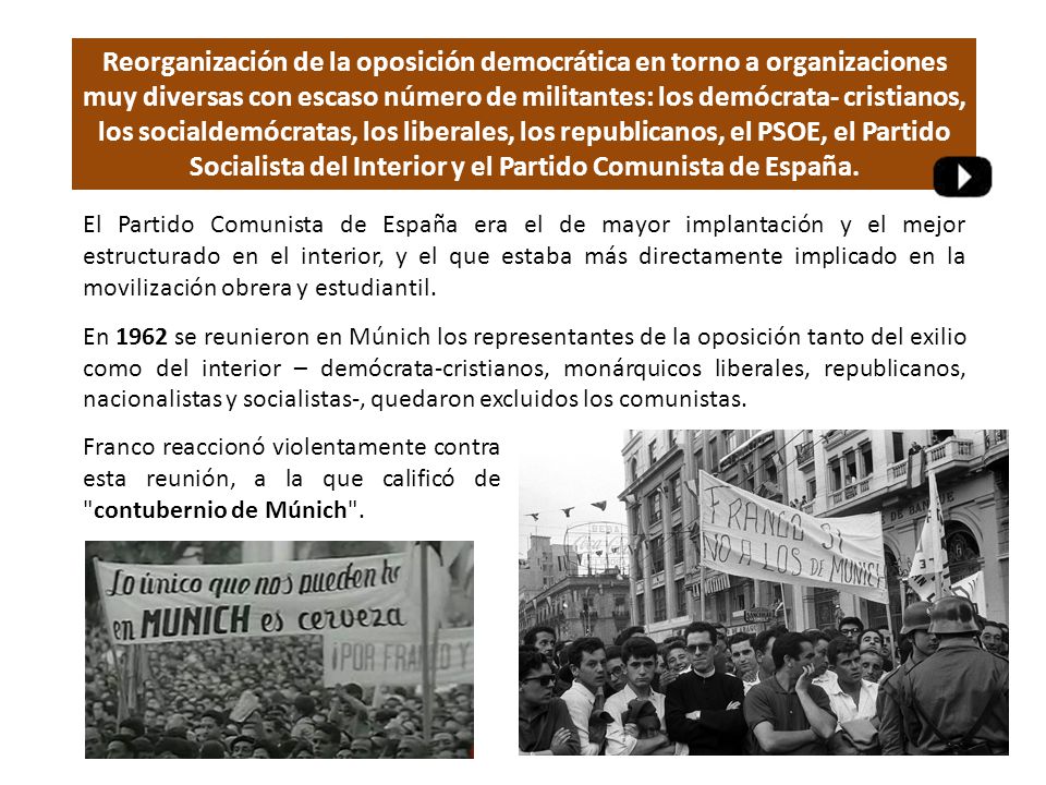 Reorganización de la oposición democrática en torno a organizaciones muy diversas con escaso número de militantes: los demócrata- cristianos, los socialdemócratas, los liberales, los republicanos, el PSOE, el Partido Socialista del Interior y el Partido Comunista de España.