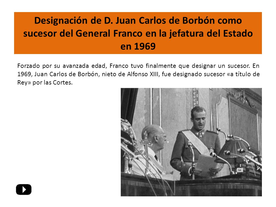 Designación de D. Juan Carlos de Borbón como sucesor del General Franco en la jefatura del Estado en 1969