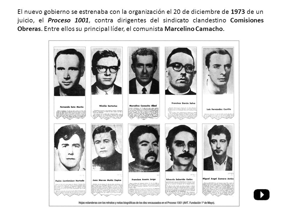 El nuevo gobierno se estrenaba con la organización el 20 de diciembre de 1973 de un juicio, el Proceso 1001, contra dirigentes del sindicato clandestino Comisiones Obreras.