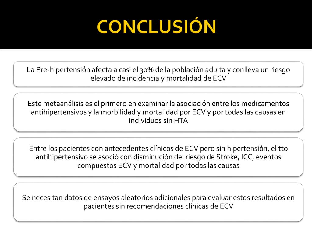 CONCLUSIÓN La Pre-hipertensión afecta a casi el 30% de la población adulta y conlleva un riesgo elevado de incidencia y mortalidad de ECV.