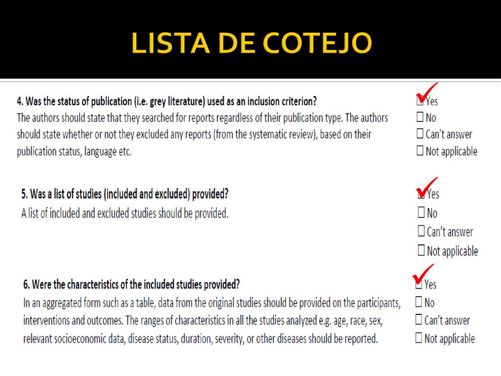 LISTA DE COTEJO El edo de la publicación fue utilizado como un criterio de inclusión.