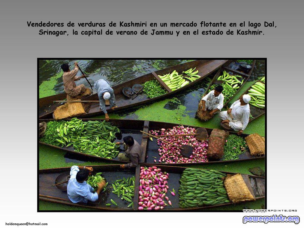 Vendedores de verduras de Kashmiri en un mercado flotante en el lago Dal, Srinagar, la capital de verano de Jammu y en el estado de Kashmir.