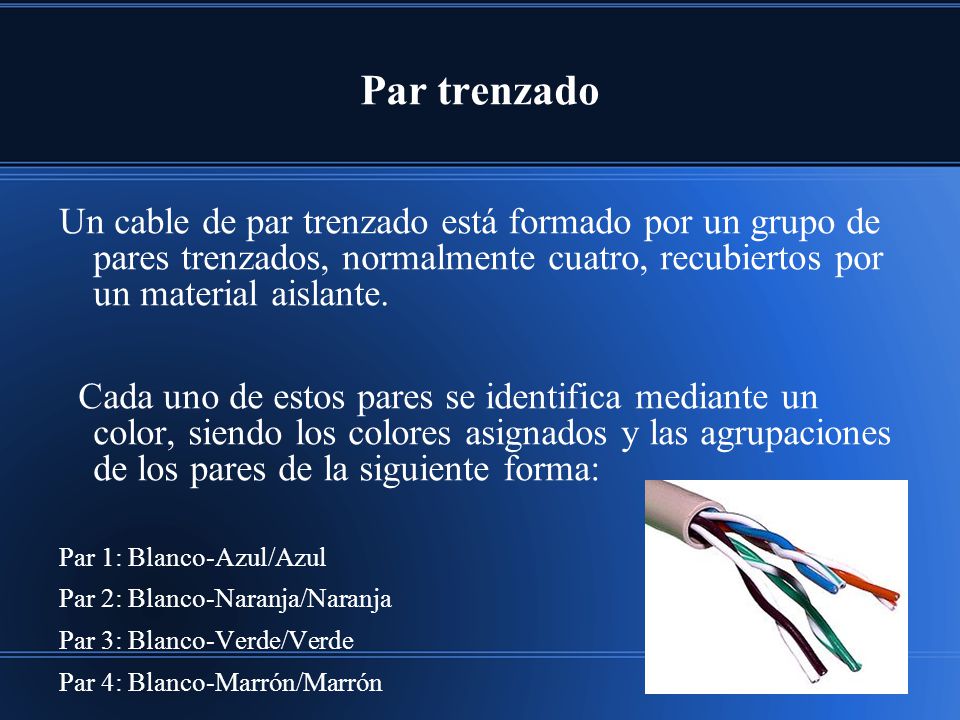 Par trenzado Un cable de par trenzado está formado por un grupo de pares trenzados, normalmente cuatro, recubiertos por un material aislante.