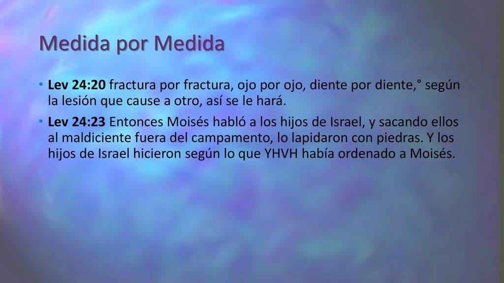 Medida por Medida Lev 24:20 fractura por fractura, ojo por ojo, diente por diente,° según la lesión que cause a otro, así se le hará.