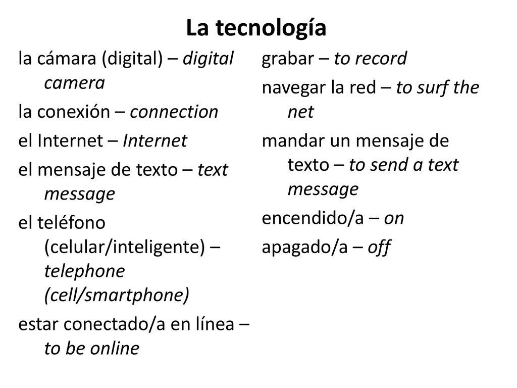 La tecnología la cámara (digital) – digital camera grabar – to record