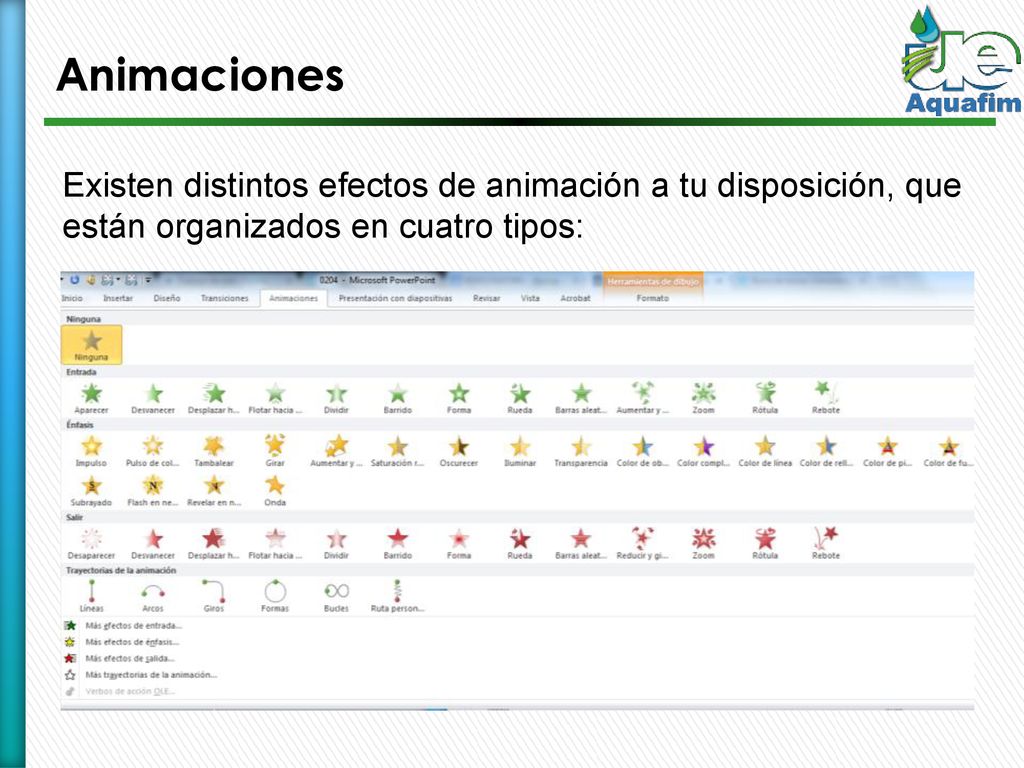Animaciones Existen distintos efectos de animación a tu disposición, que están organizados en cuatro tipos: