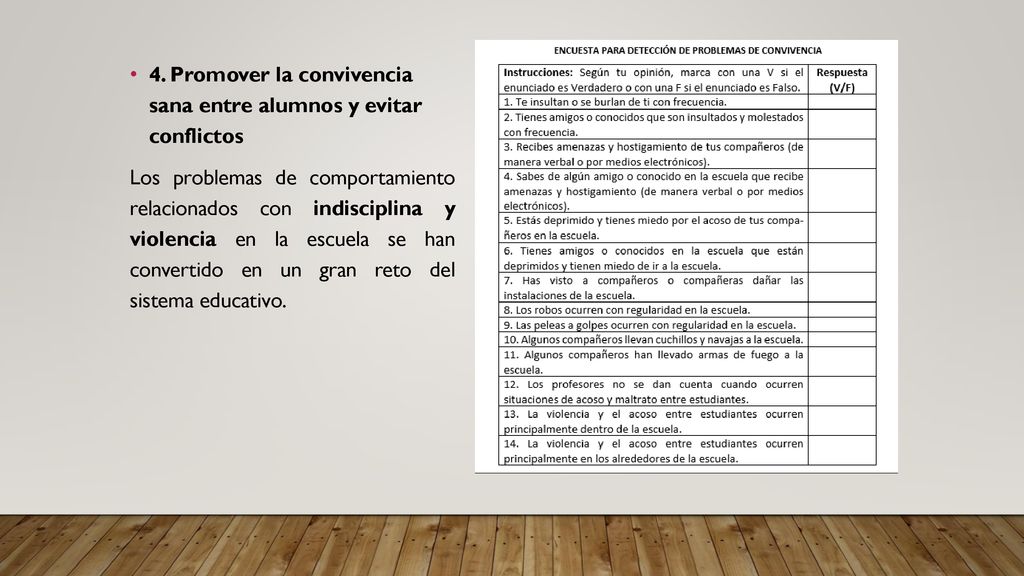 4. Promover la convivencia sana entre alumnos y evitar conflictos