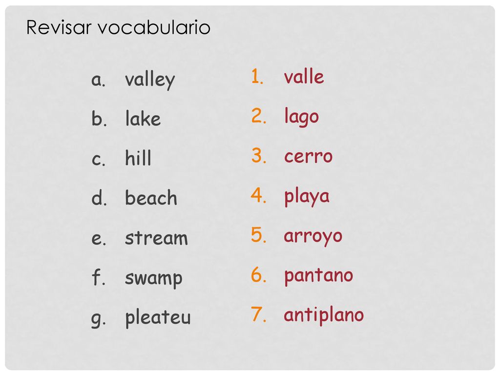 Revisar vocabulario valley. lake. hill. beach. stream. swamp. pleateu. valle. lago. cerro.