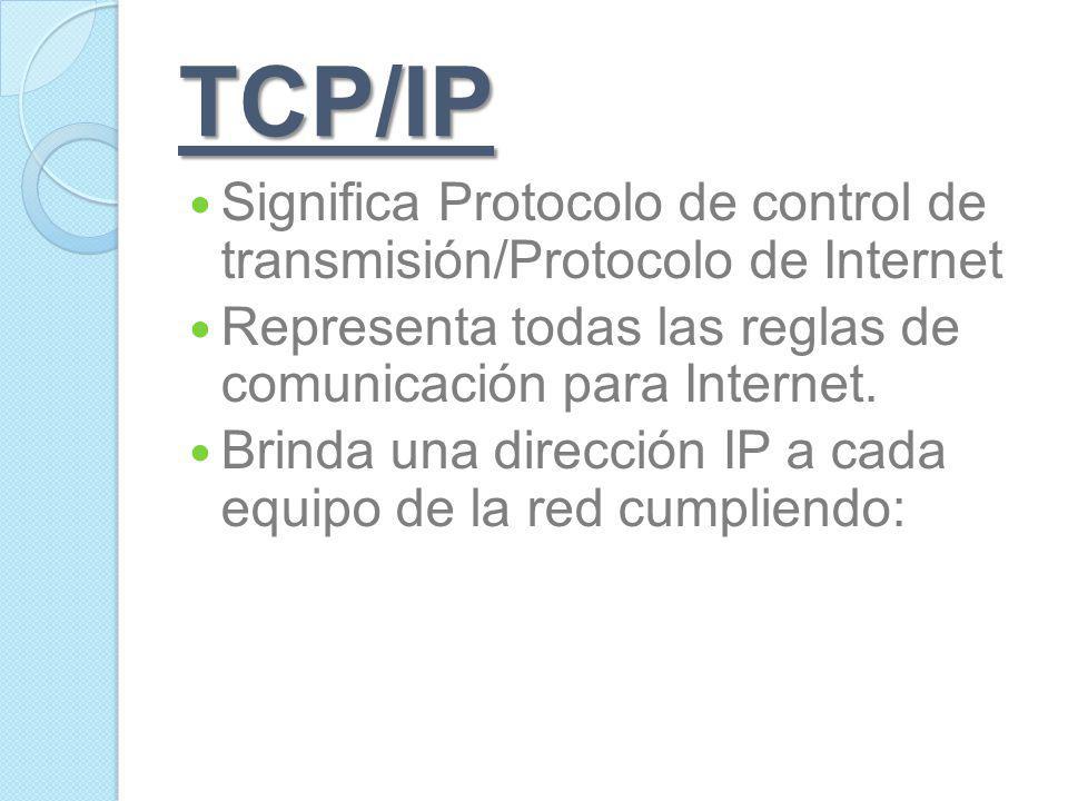TCP/IP Significa Protocolo de control de transmisión/Protocolo de Internet. Representa todas las reglas de comunicación para Internet.