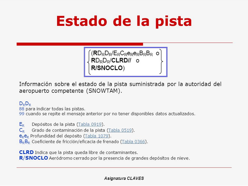 Estado de la pista Información sobre el estado de la pista suministrada por la autoridad del. aeropuerto competente (SNOWTAM).