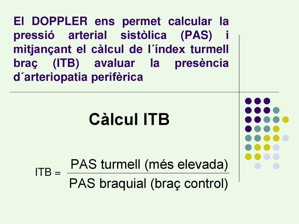Càlcul ITB PAS turmell (més elevada) PAS braquial (braç control)