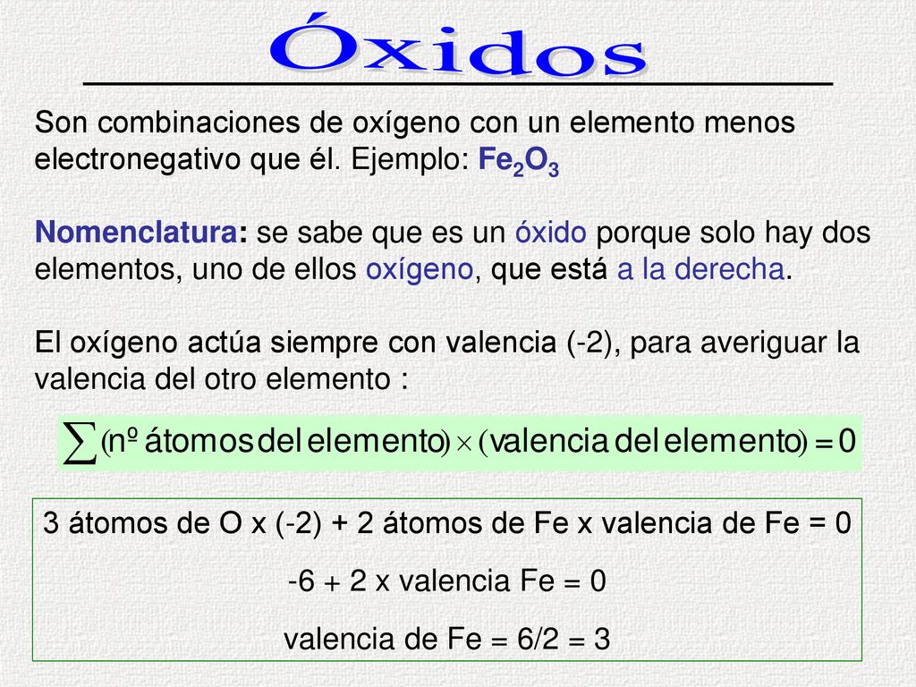 3 átomos de O x (-2) + 2 átomos de Fe x valencia de Fe = 0